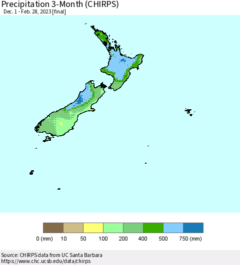 New Zealand Precipitation 3-Month (CHIRPS) Thematic Map For 12/1/2022 - 2/28/2023