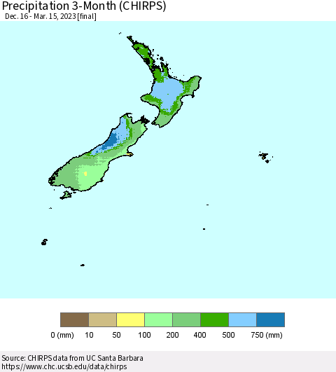 New Zealand Precipitation 3-Month (CHIRPS) Thematic Map For 12/16/2022 - 3/15/2023