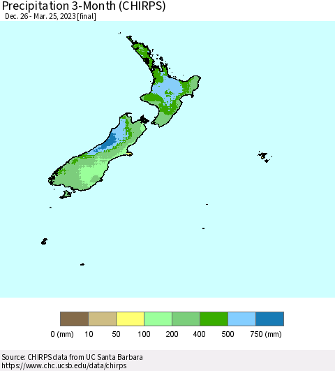 New Zealand Precipitation 3-Month (CHIRPS) Thematic Map For 12/26/2022 - 3/25/2023