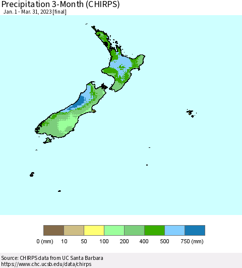 New Zealand Precipitation 3-Month (CHIRPS) Thematic Map For 1/1/2023 - 3/31/2023