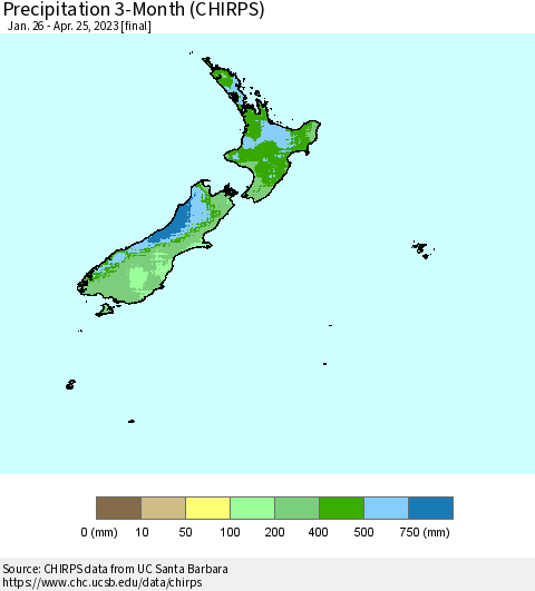 New Zealand Precipitation 3-Month (CHIRPS) Thematic Map For 1/26/2023 - 4/25/2023