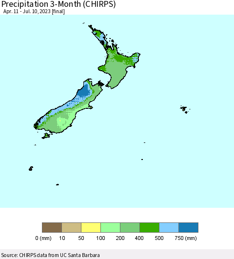 New Zealand Precipitation 3-Month (CHIRPS) Thematic Map For 4/11/2023 - 7/10/2023