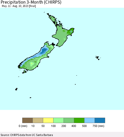 New Zealand Precipitation 3-Month (CHIRPS) Thematic Map For 5/11/2023 - 8/10/2023