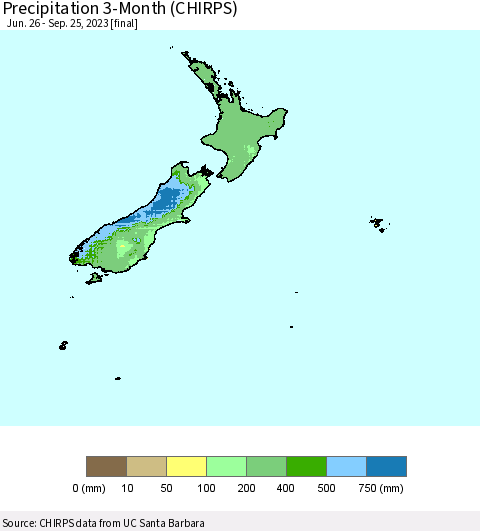 New Zealand Precipitation 3-Month (CHIRPS) Thematic Map For 6/26/2023 - 9/25/2023