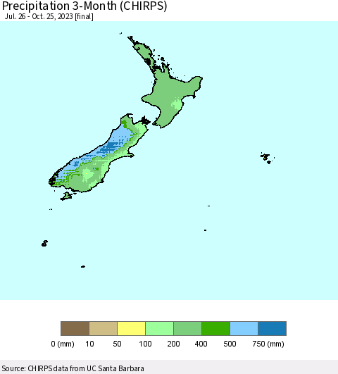 New Zealand Precipitation 3-Month (CHIRPS) Thematic Map For 7/26/2023 - 10/25/2023
