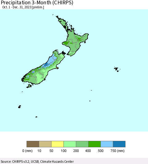 New Zealand Precipitation 3-Month (CHIRPS) Thematic Map For 10/1/2023 - 12/31/2023