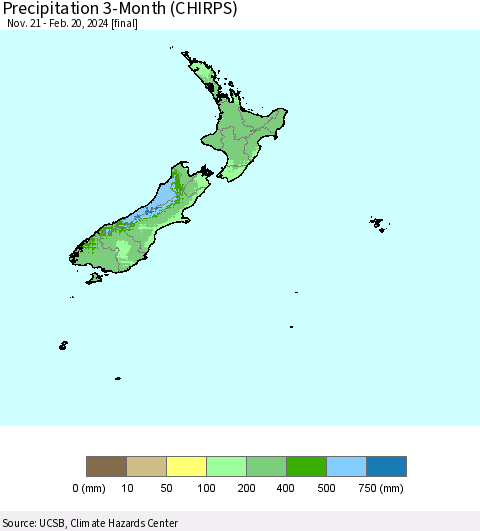 New Zealand Precipitation 3-Month (CHIRPS) Thematic Map For 11/21/2023 - 2/20/2024