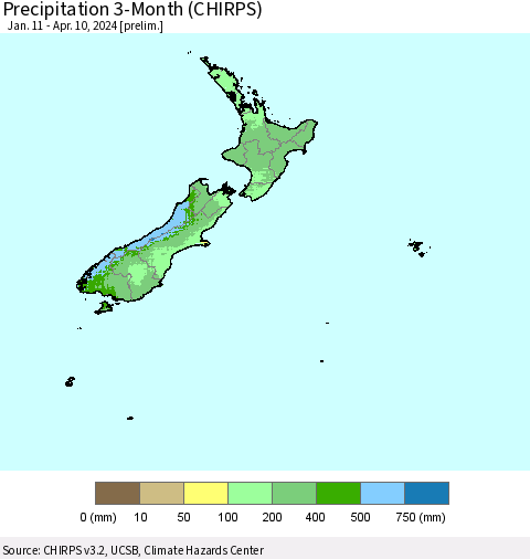 New Zealand Precipitation 3-Month (CHIRPS) Thematic Map For 1/11/2024 - 4/10/2024