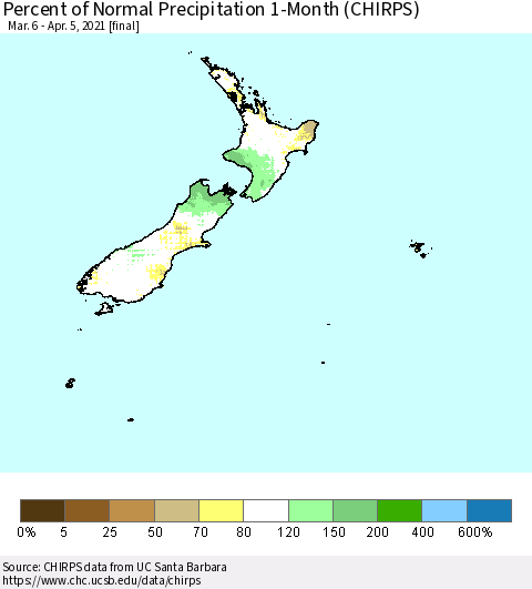 New Zealand Percent of Normal Precipitation 1-Month (CHIRPS) Thematic Map For 3/6/2021 - 4/5/2021