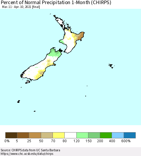 New Zealand Percent of Normal Precipitation 1-Month (CHIRPS) Thematic Map For 3/11/2021 - 4/10/2021
