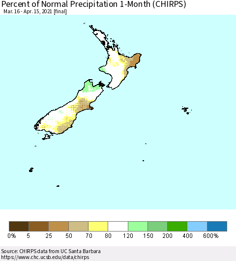 New Zealand Percent of Normal Precipitation 1-Month (CHIRPS) Thematic Map For 3/16/2021 - 4/15/2021