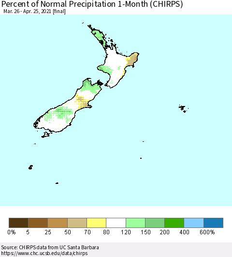 New Zealand Percent of Normal Precipitation 1-Month (CHIRPS) Thematic Map For 3/26/2021 - 4/25/2021
