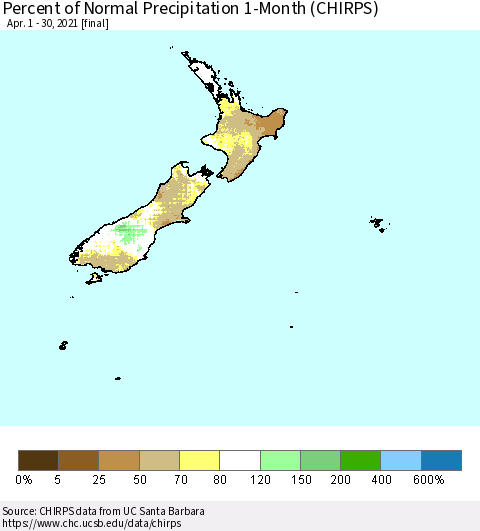 New Zealand Percent of Normal Precipitation 1-Month (CHIRPS) Thematic Map For 4/1/2021 - 4/30/2021