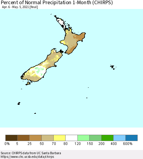 New Zealand Percent of Normal Precipitation 1-Month (CHIRPS) Thematic Map For 4/6/2021 - 5/5/2021