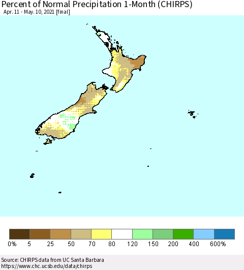 New Zealand Percent of Normal Precipitation 1-Month (CHIRPS) Thematic Map For 4/11/2021 - 5/10/2021