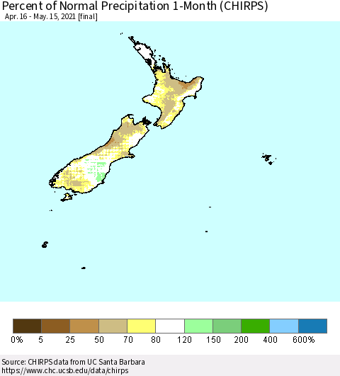 New Zealand Percent of Normal Precipitation 1-Month (CHIRPS) Thematic Map For 4/16/2021 - 5/15/2021