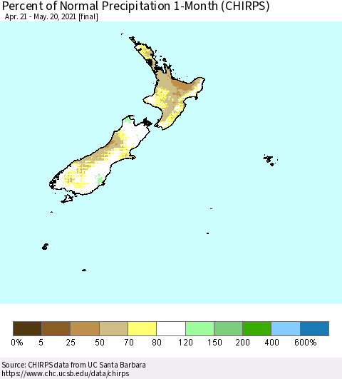 New Zealand Percent of Normal Precipitation 1-Month (CHIRPS) Thematic Map For 4/21/2021 - 5/20/2021