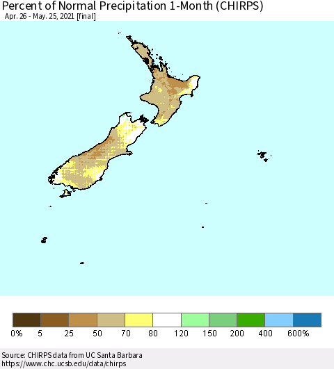 New Zealand Percent of Normal Precipitation 1-Month (CHIRPS) Thematic Map For 4/26/2021 - 5/25/2021