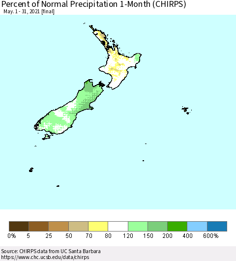 New Zealand Percent of Normal Precipitation 1-Month (CHIRPS) Thematic Map For 5/1/2021 - 5/31/2021