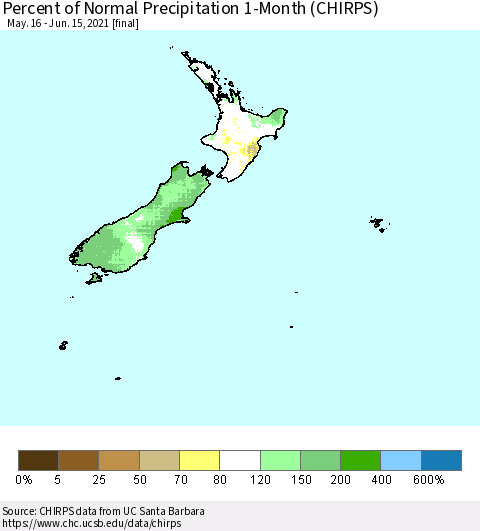 New Zealand Percent of Normal Precipitation 1-Month (CHIRPS) Thematic Map For 5/16/2021 - 6/15/2021