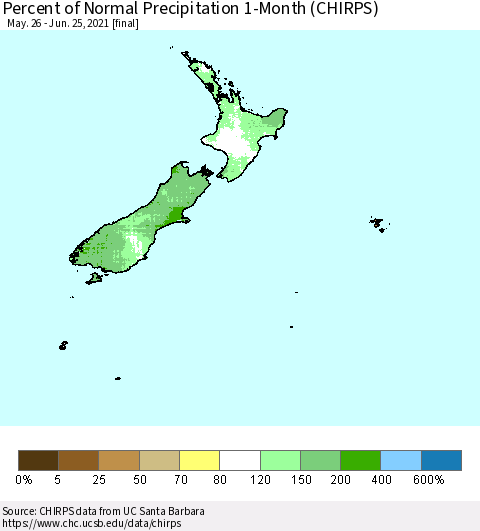 New Zealand Percent of Normal Precipitation 1-Month (CHIRPS) Thematic Map For 5/26/2021 - 6/25/2021