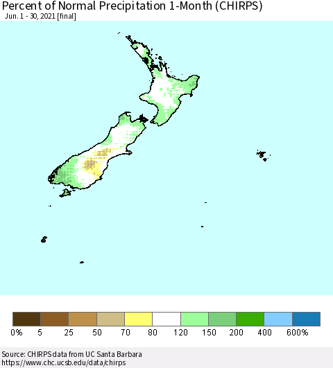 New Zealand Percent of Normal Precipitation 1-Month (CHIRPS) Thematic Map For 6/1/2021 - 6/30/2021