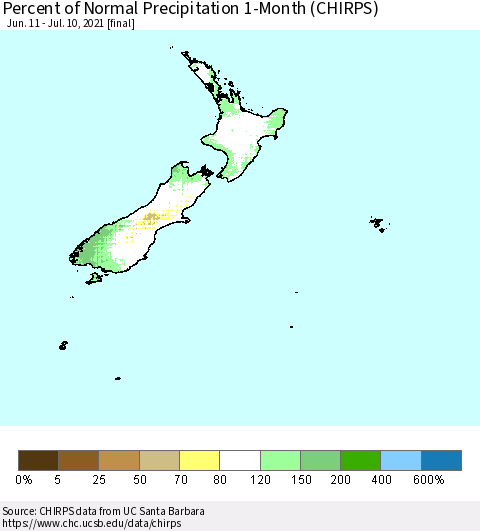 New Zealand Percent of Normal Precipitation 1-Month (CHIRPS) Thematic Map For 6/11/2021 - 7/10/2021