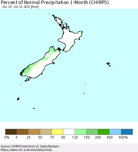 New Zealand Percent of Normal Precipitation 1-Month (CHIRPS) Thematic Map For 6/16/2021 - 7/15/2021