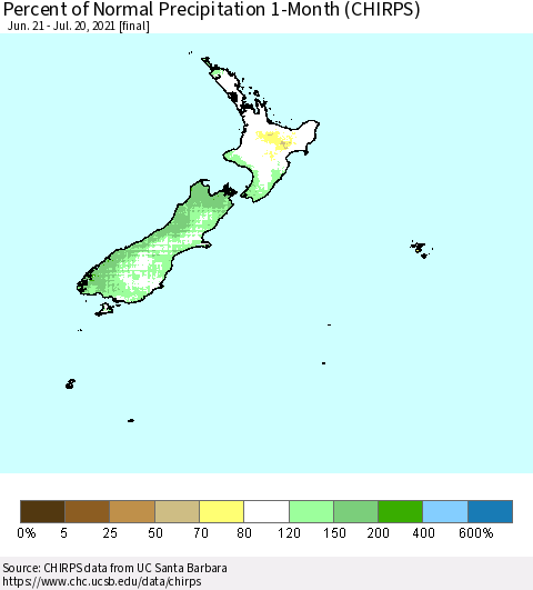 New Zealand Percent of Normal Precipitation 1-Month (CHIRPS) Thematic Map For 6/21/2021 - 7/20/2021