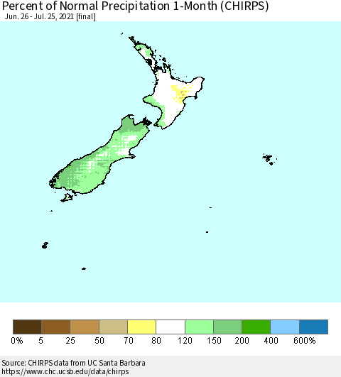 New Zealand Percent of Normal Precipitation 1-Month (CHIRPS) Thematic Map For 6/26/2021 - 7/25/2021