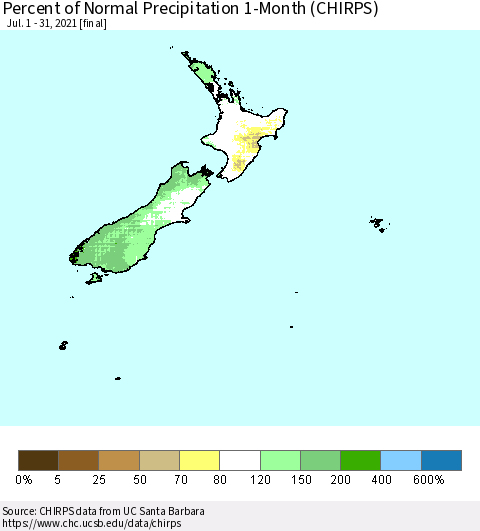 New Zealand Percent of Normal Precipitation 1-Month (CHIRPS) Thematic Map For 7/1/2021 - 7/31/2021