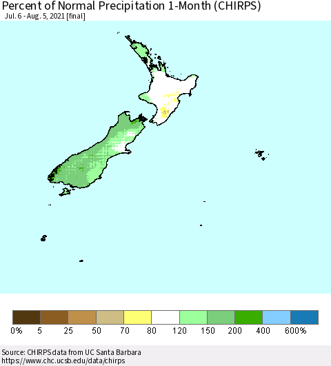 New Zealand Percent of Normal Precipitation 1-Month (CHIRPS) Thematic Map For 7/6/2021 - 8/5/2021