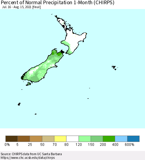 New Zealand Percent of Normal Precipitation 1-Month (CHIRPS) Thematic Map For 7/16/2021 - 8/15/2021