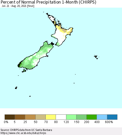 New Zealand Percent of Normal Precipitation 1-Month (CHIRPS) Thematic Map For 7/21/2021 - 8/20/2021