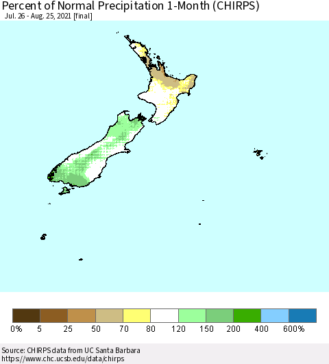 New Zealand Percent of Normal Precipitation 1-Month (CHIRPS) Thematic Map For 7/26/2021 - 8/25/2021