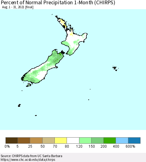 New Zealand Percent of Normal Precipitation 1-Month (CHIRPS) Thematic Map For 8/1/2021 - 8/31/2021
