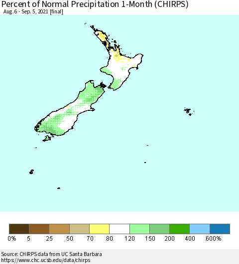 New Zealand Percent of Normal Precipitation 1-Month (CHIRPS) Thematic Map For 8/6/2021 - 9/5/2021