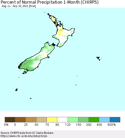 New Zealand Percent of Normal Precipitation 1-Month (CHIRPS) Thematic Map For 8/11/2021 - 9/10/2021