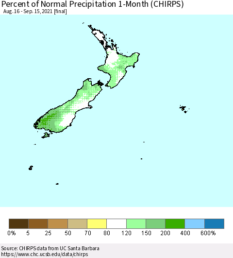 New Zealand Percent of Normal Precipitation 1-Month (CHIRPS) Thematic Map For 8/16/2021 - 9/15/2021