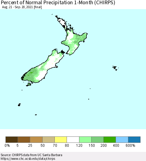 New Zealand Percent of Normal Precipitation 1-Month (CHIRPS) Thematic Map For 8/21/2021 - 9/20/2021