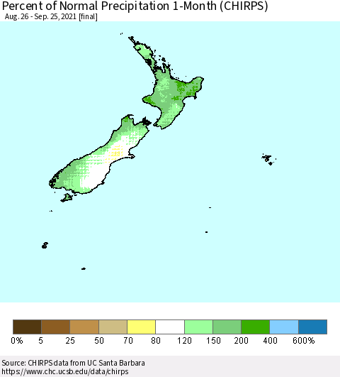 New Zealand Percent of Normal Precipitation 1-Month (CHIRPS) Thematic Map For 8/26/2021 - 9/25/2021