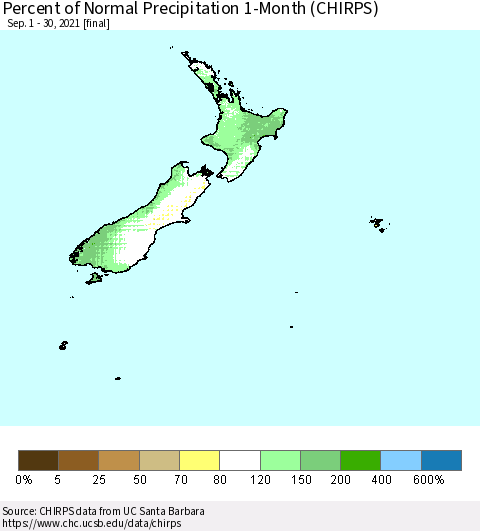 New Zealand Percent of Normal Precipitation 1-Month (CHIRPS) Thematic Map For 9/1/2021 - 9/30/2021