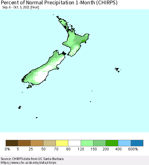 New Zealand Percent of Normal Precipitation 1-Month (CHIRPS) Thematic Map For 9/6/2021 - 10/5/2021