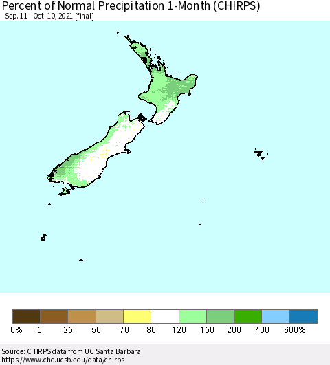 New Zealand Percent of Normal Precipitation 1-Month (CHIRPS) Thematic Map For 9/11/2021 - 10/10/2021
