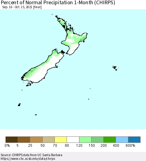 New Zealand Percent of Normal Precipitation 1-Month (CHIRPS) Thematic Map For 9/16/2021 - 10/15/2021