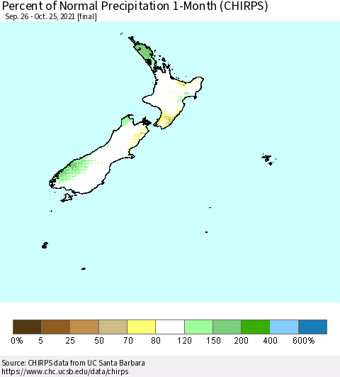 New Zealand Percent of Normal Precipitation 1-Month (CHIRPS) Thematic Map For 9/26/2021 - 10/25/2021