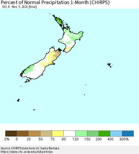 New Zealand Percent of Normal Precipitation 1-Month (CHIRPS) Thematic Map For 10/6/2021 - 11/5/2021