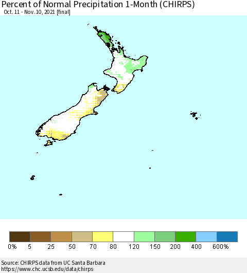 New Zealand Percent of Normal Precipitation 1-Month (CHIRPS) Thematic Map For 10/11/2021 - 11/10/2021