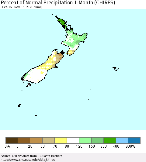 New Zealand Percent of Normal Precipitation 1-Month (CHIRPS) Thematic Map For 10/16/2021 - 11/15/2021