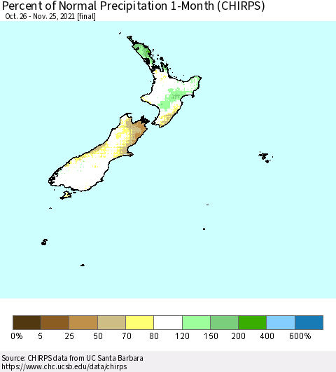 New Zealand Percent of Normal Precipitation 1-Month (CHIRPS) Thematic Map For 10/26/2021 - 11/25/2021